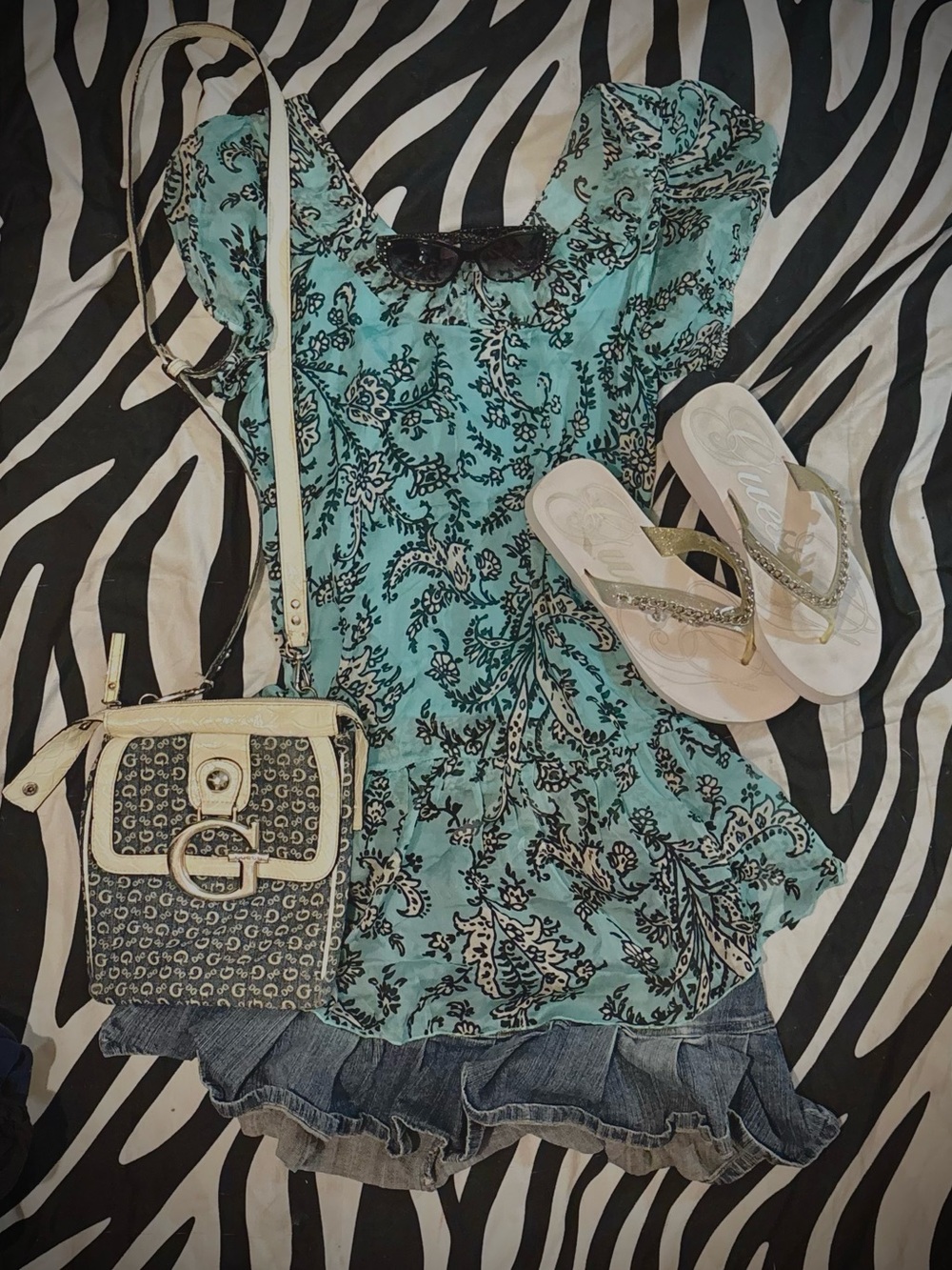 Calvin & Tracy Turquoise Floral Y2K fairy core blouse top